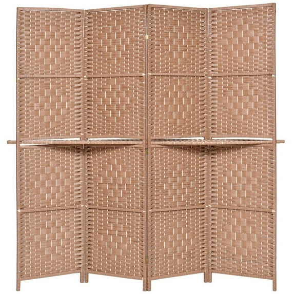 Legacy Decor 4 Panel Diamond Weave Room Divider with Shelves Natural Color