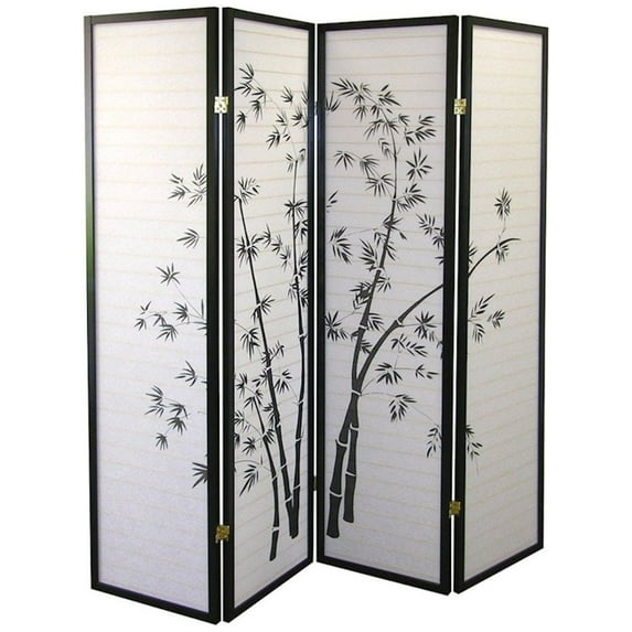 Legacy Decor 4 Panel Room Divider Privacy Screen Asian Style Bamboo Design, Black, Freestanding