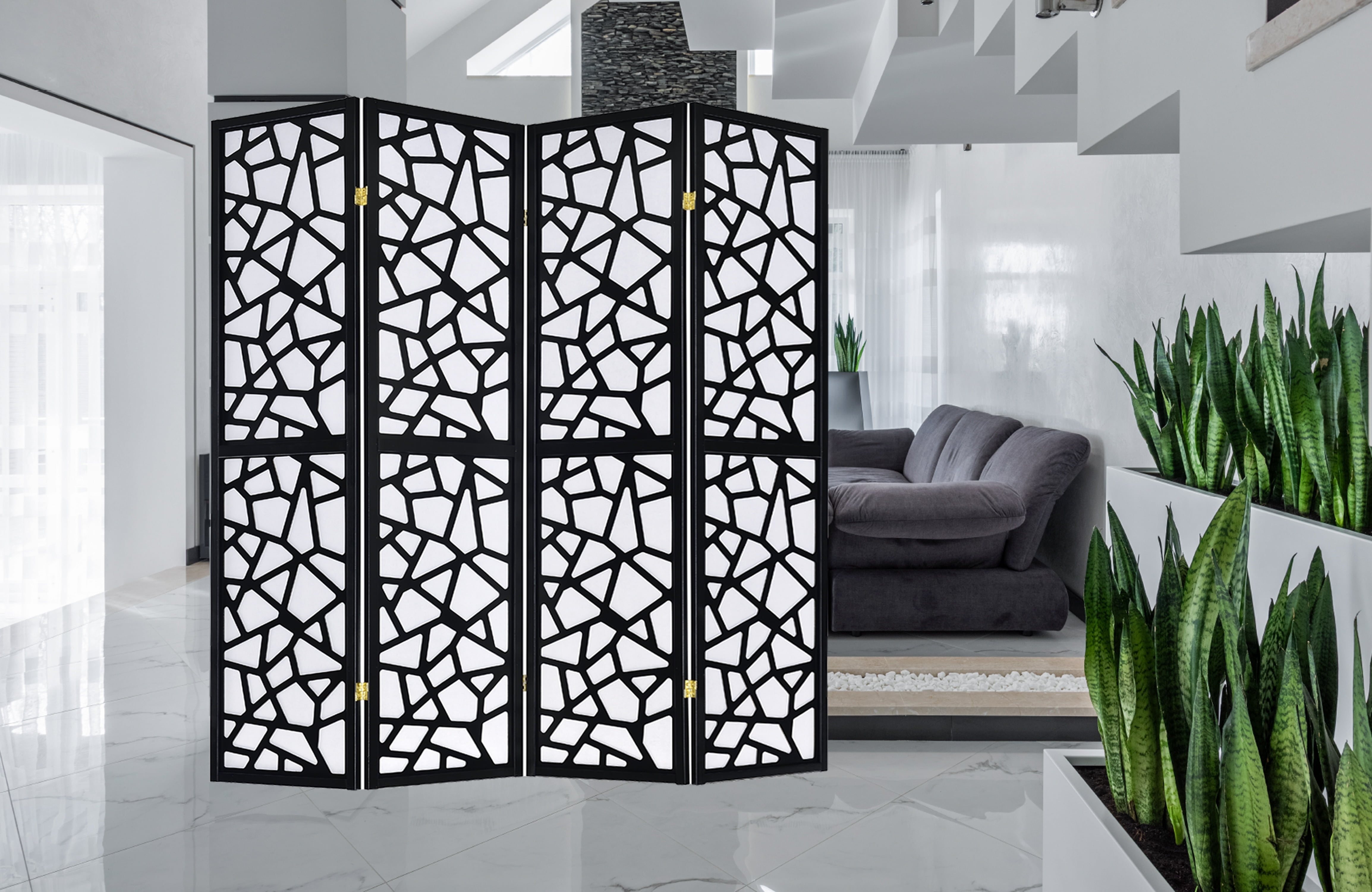 Legacy Decor 4 Panel Room Divider with Mosaic Cuts Black Color
