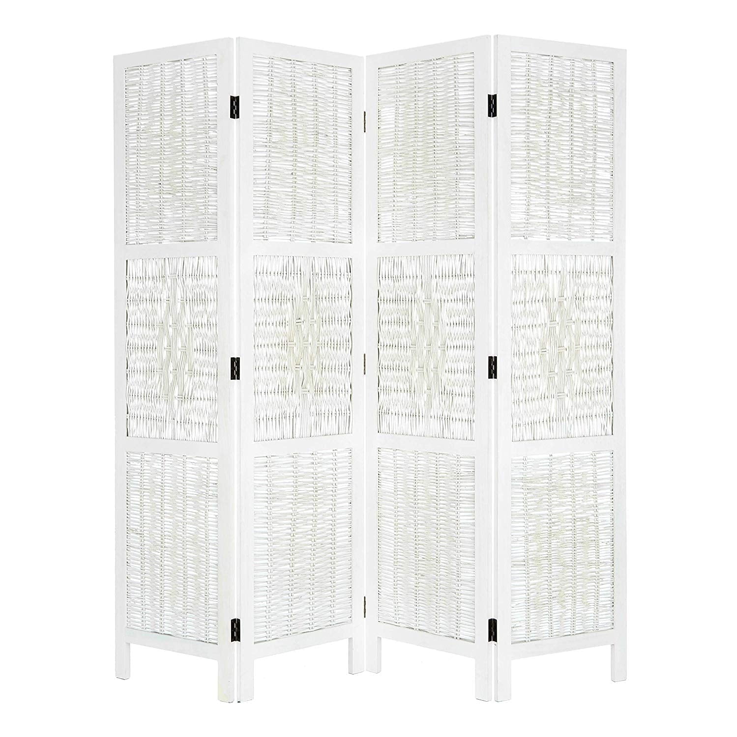 Legacy Decor 4 Panel Screen Room Divider Wicker and Wood White Color Diamond Design 71"H 70"W Freestanding