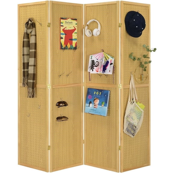 Legacy Decor 4 Panels Room Divider Folding Screen Pegboard Insert Natural Color Free Standing