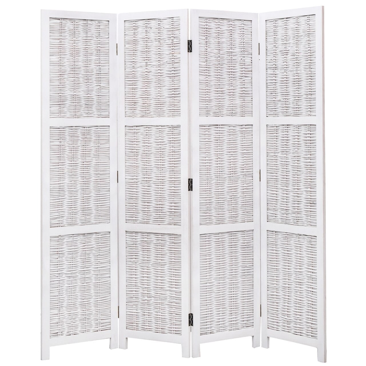 Legacy Decor 4 Panels Room Screen Divider Wicker and Wood Antique, White Color, Freestanding
