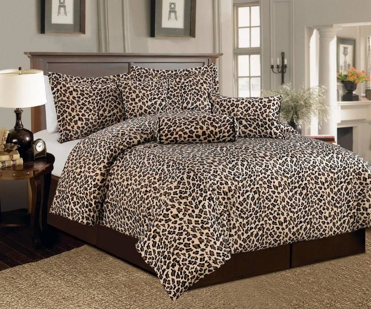 Legacy Decor 7 Pc Brown and Beige Leopard Print Faux Fur, King Size