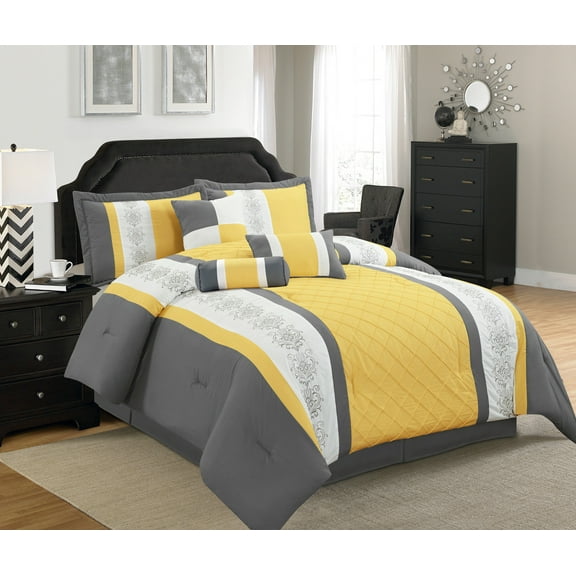 Legacy Decor 7 Pc Grey, Yellow and White Striped Comforter Set with Embroidered Design, Full Size