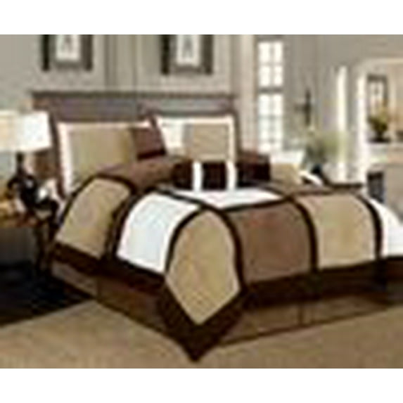 Legacy Decor 7 piece Brown, White & Beige Micro Suede Patchwork Comforter Set Machine Washable Queen Size, Bed-in-a Bag