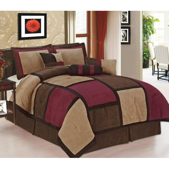 Legacy Decor 7 piece Burgundy, Brown and Beige Micro Suede Patchwork Comforter Set Machine Washable King Size, Bed-in-a Bag