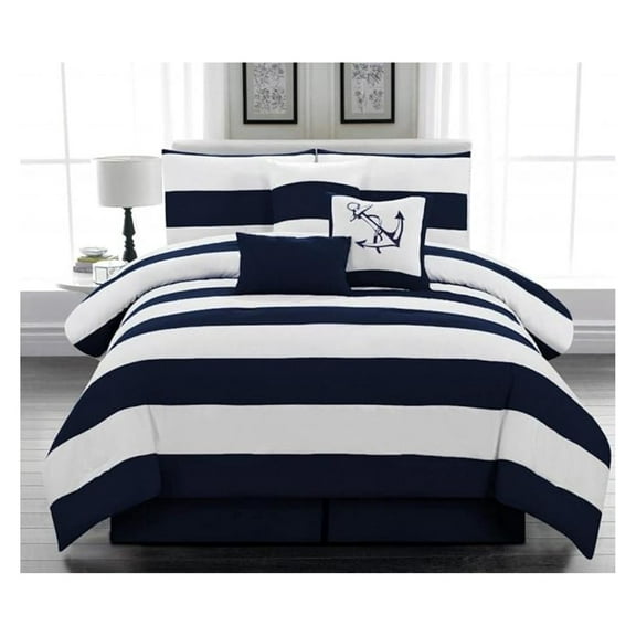 Legacy Decor 7pc. Microfiber Nautical Themed Comforter Set, Navy Blue and White Striped Full, Queen, and King Sizes (Queen)