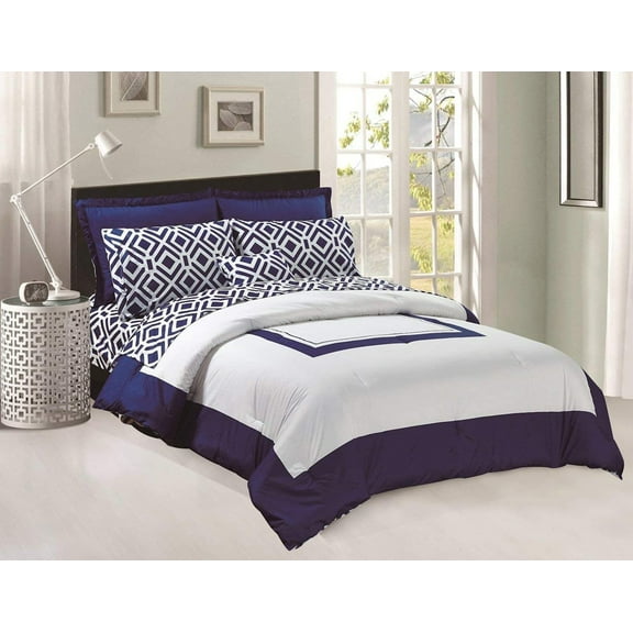 Legacy Decor 8pc Navy Blue and White Microfiber Comforter Set, Sheet Set Included, King Size