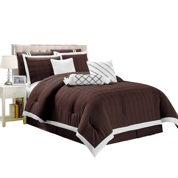 Legacy Decor 9 pc Pleated Microfiber Comforter Set, Chocolate Brown and White Color, Full Size
