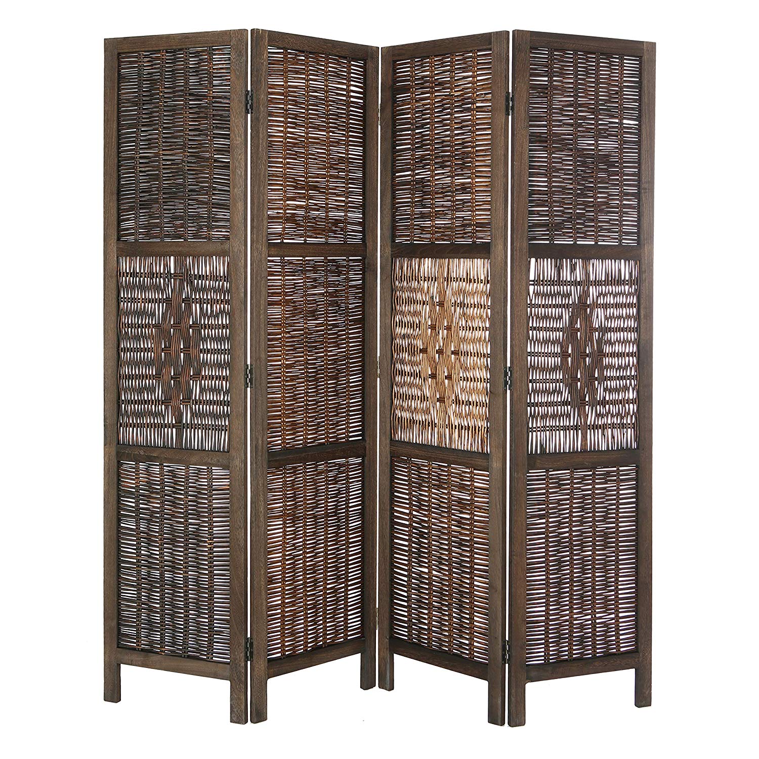 Legacy Decor Antique Wicker and Wood Diamond Design 4 Panel Room Divider, 67" Tall, Brown - image 1 of 5