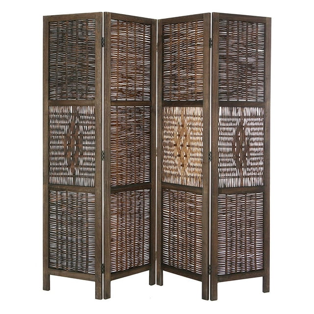 Legacy Decor Antique Wicker and Wood Diamond Design 4 Panel Room Divider, 67" Tall, Brown