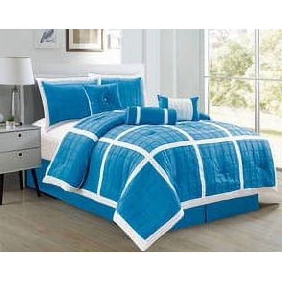 Legacy Decor Aqua Checkered Stitch 7-Piece Bedding Set, King