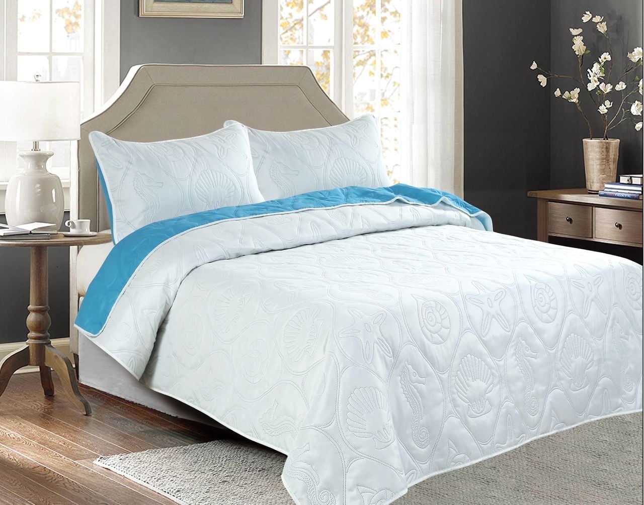 Legacy Decor Beachy 3-Piece Reversible All-Season Bedspread Queen Size - Blue