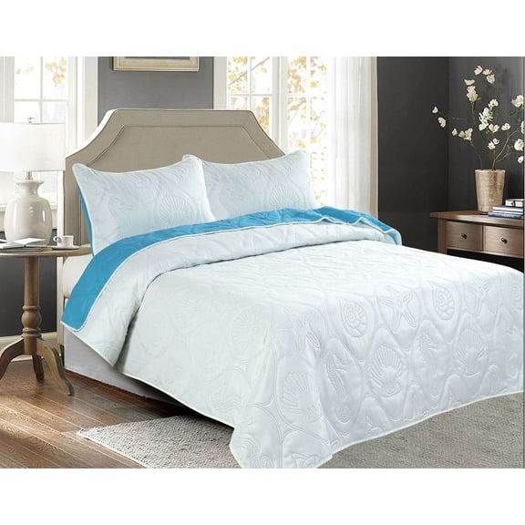 Legacy Decor Beachy 3-Piece Reversible All-Season Bedspread Queen Size - Blue