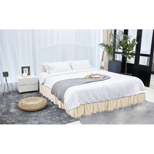 Legacy Decor Bed Skirt Dust Ruffle with Pom-Pom Fringe 100% Brushed Microfiber with 14” Drop, Queen/King Size, Beige Color