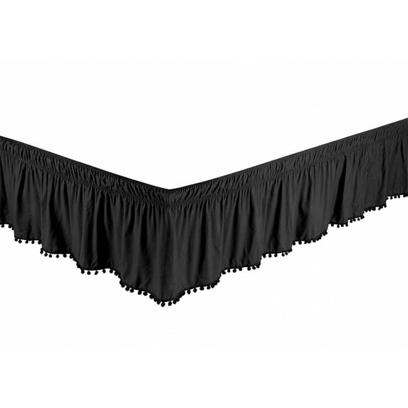 Legacy Decor Bed Skirt Dust Ruffle with Pom-Pom Fringe 100% Brushed Microfiber with 14” Drop, Queen/King Size, Black Color
