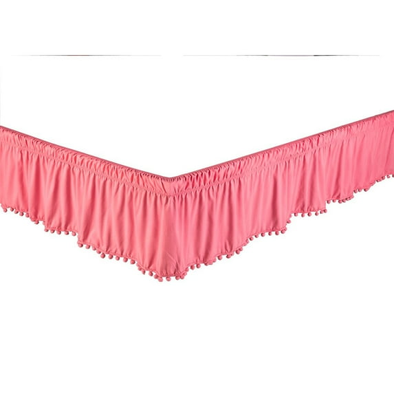 Legacy Decor Bed Skirt Dust Ruffle with Pom-Pom Fringe 100% Brushed Microfiber with 14” Drop, Twin/Full, Pink Color