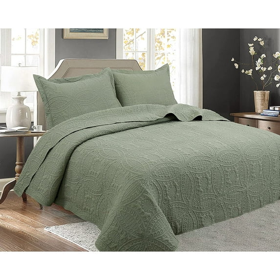 Legacy Decor Bedspread Coverlet 3 Pcs Set Oversized 92" W x 90 L Full Size Sage Color Ultra Plush Microfiber Floral Pinsonic Finish