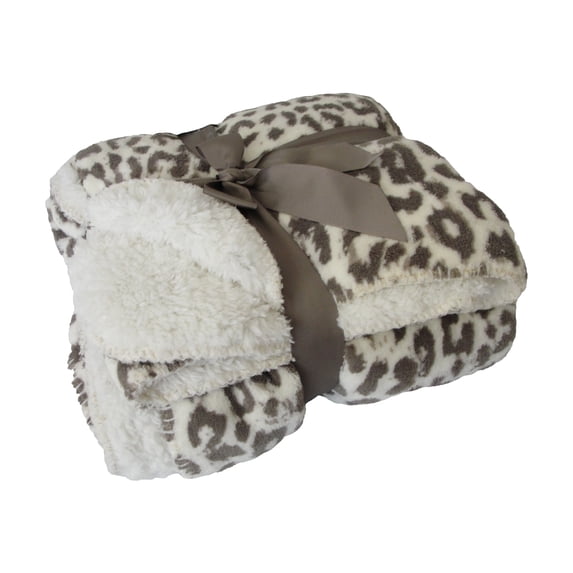 Legacy Decor Beige Leopard Print With Solid White Fur Fleece Sherpa Throw Blanket 50" x 60"