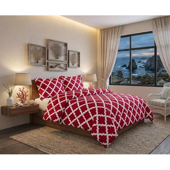 Legacy Decor Comforter with 2 Pillow Shams, Ultra Soft Microfiber, Burgundy Red Geometric Pattern, Queen Size