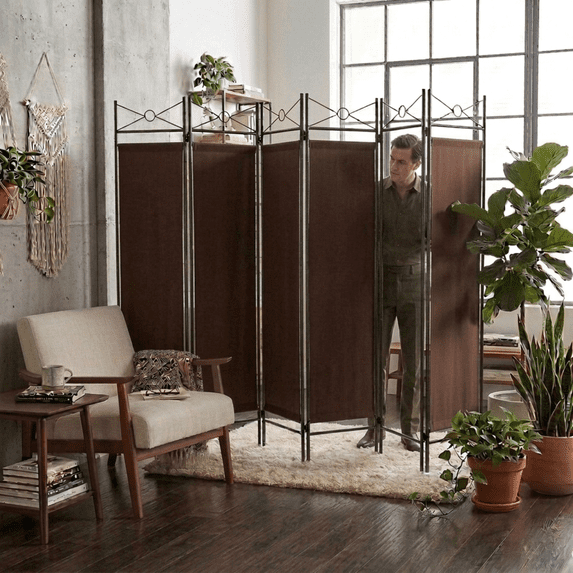 Legacy Decor Fabric Folding Metal Room Divider Modern 6 Panel Brown 71" Tall
