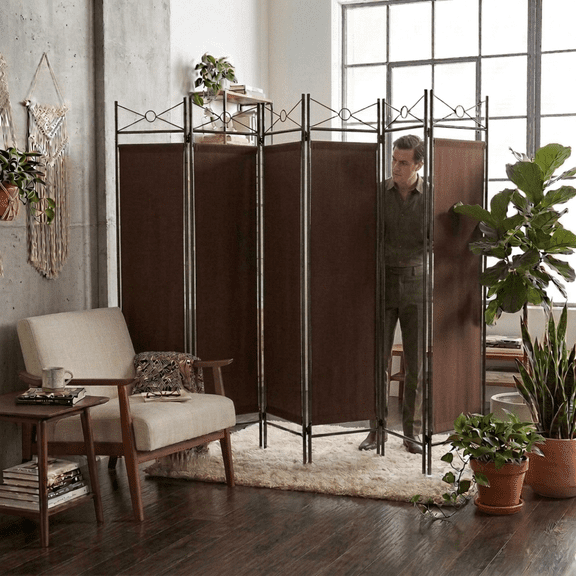 Legacy Decor Fabric Folding Metal Room Divider Modern 6 Panel Brown 71" Tall