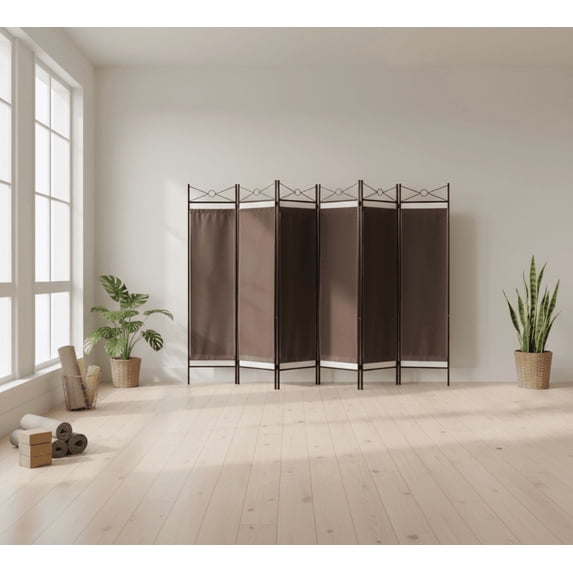 Legacy Decor Fabric Folding Metal Room Divider Modern 6 Panel Brown 71" Tall