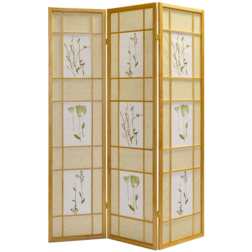 Legacy Decor Floral Accented 3 Panel Room Divider, 71" Tall, Natural