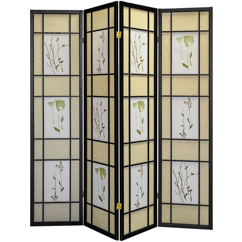 Legacy Decor Floral Accented 4 Panel Room Divider, 71" Tall, Black