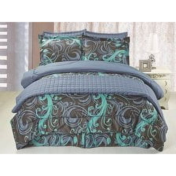 Legacy Decor Full/Queen Size 6 pc Microfiber, Reversible Blue, Black and Teal Swirl Design Comforter Set, Quilt Included