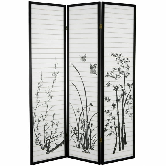 Legacy Decor Japanese Oriental Style Bamboo Flower Design 3 Panel Room Divider 71" Tall Black
