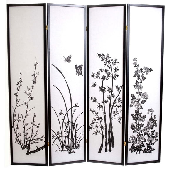 Legacy Decor Japanese Oriental Style Bamboo Flower Design 4 Panel Room Divider 71" Tall Black