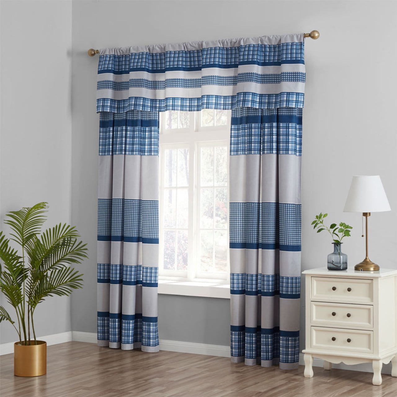 Legacy Decor Matching Bedspread Curtain Drapes Set Blue & White 60" W x 84" L with 18" Valance