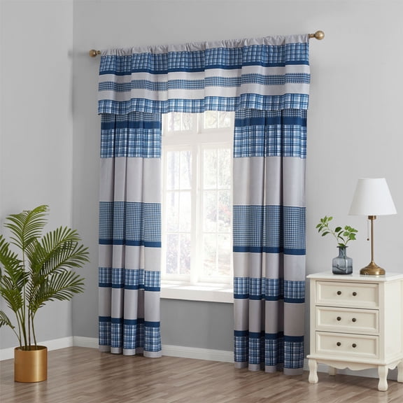 Legacy Decor Matching Bedspread Curtain Drapes Set Blue & White 60" W x 84" L with 18" Valance Drop