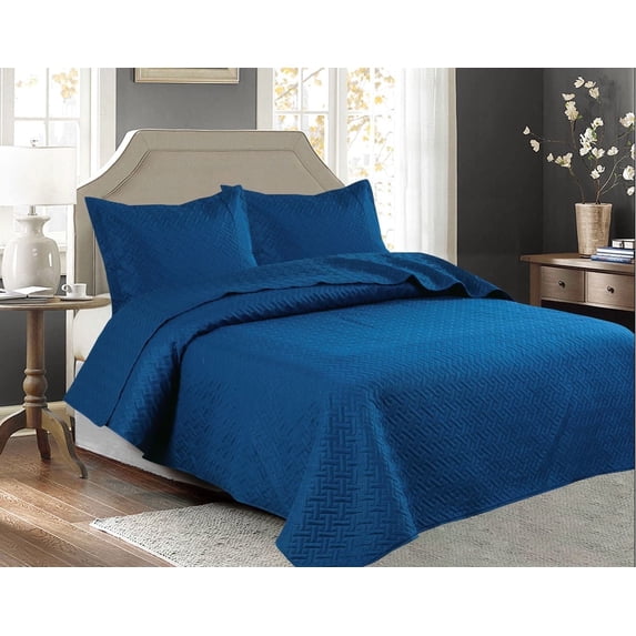 Legacy Decor Modern Abstract Blue Geometric 3-Piece Reversible Queen Bedspread