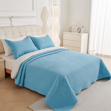 Legacy Decor Modern Abstract Blue Geometric 3-Piece Reversible Queen Blue Bedspread