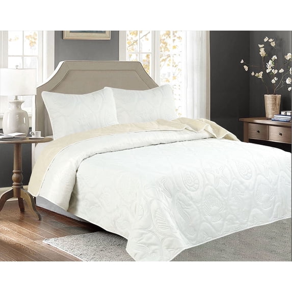 Legacy Decor Bedspread Coverle Modern Nature Seahorse 3-Count Reversible Lightweight All-Season White Shells Quilts, King