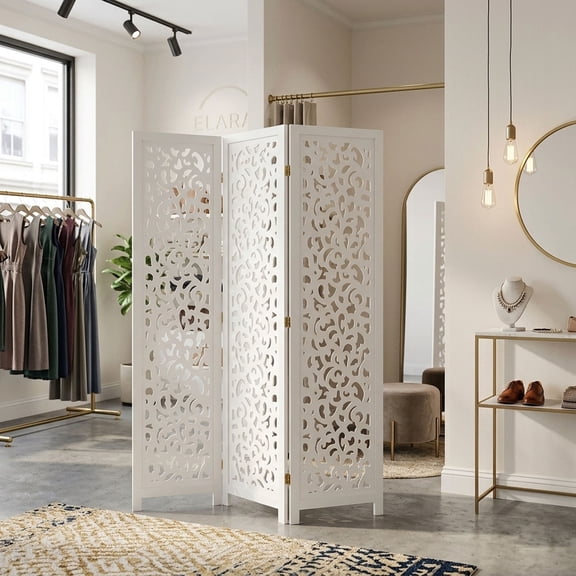 Legacy Decor Modern Room Divider 3 Panel Solid Wood White Decorative Cutouts Foldable 48 in x 67 in