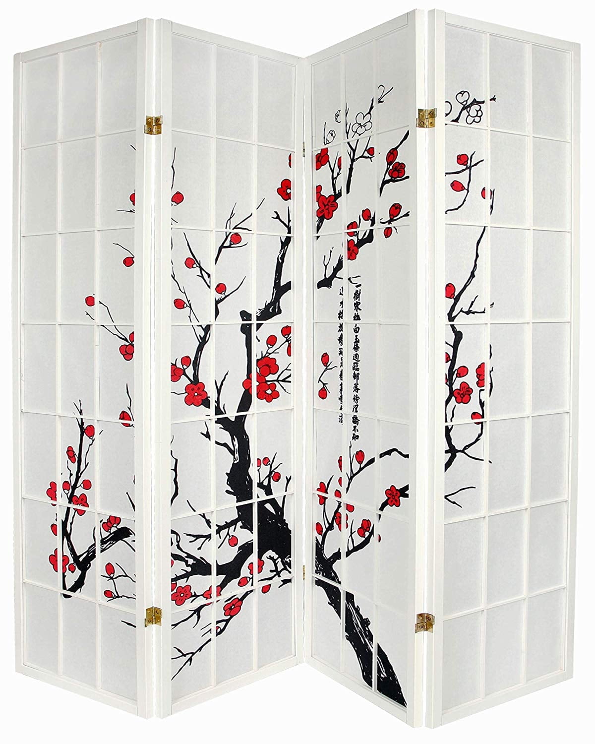 Legacy Decor Plum Blossom 4 Panel Room Divider, 70" Tall, White
