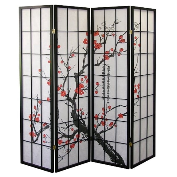 Legacy Decor Plum Blossom Room Divider Asian Inspired 4 Panel Freestanding Black 71" Tall