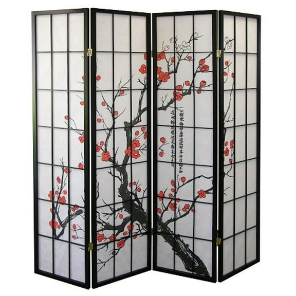 Legacy Decor Plum Blossom 4 Panel Room Divider, 71" Tall, Black Color, Freestanding