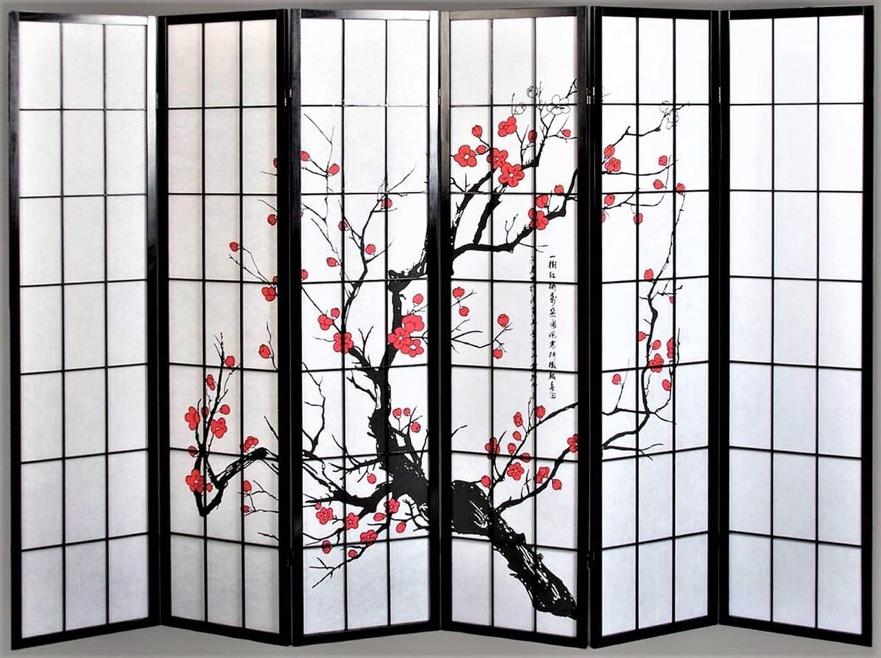 Legacy Decor Plum Blossom 6 Panel Room Divider, 70" Tall, Black