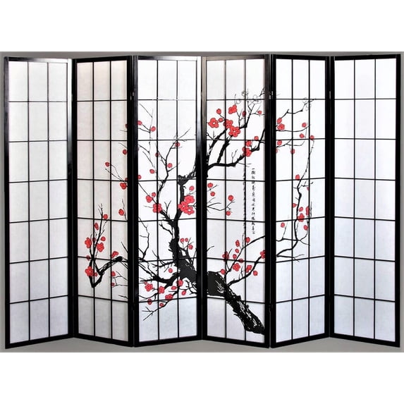 Legacy Decor Plum Blossom 6 Panel Room Divider, 70" Tall, Black