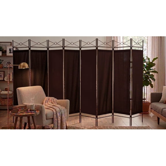 8-Panel Metal Folding Fabric Privacy Screen Room Divider, Brown, 71" Tall, 12.5 FT Wide