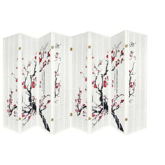 Legacy Decor Room Divider 8 Panels Red Plum Blossom Design White Color