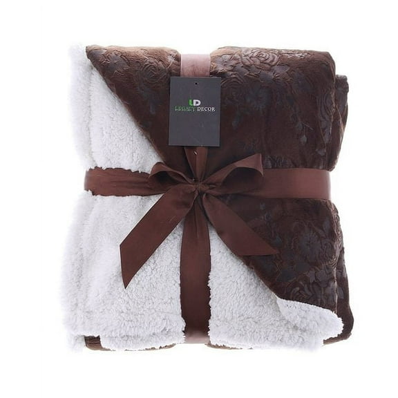 Legacy Decor Sherpa and Faux Fur Floral Embossed Throw Blanket Chocolate Brown Color