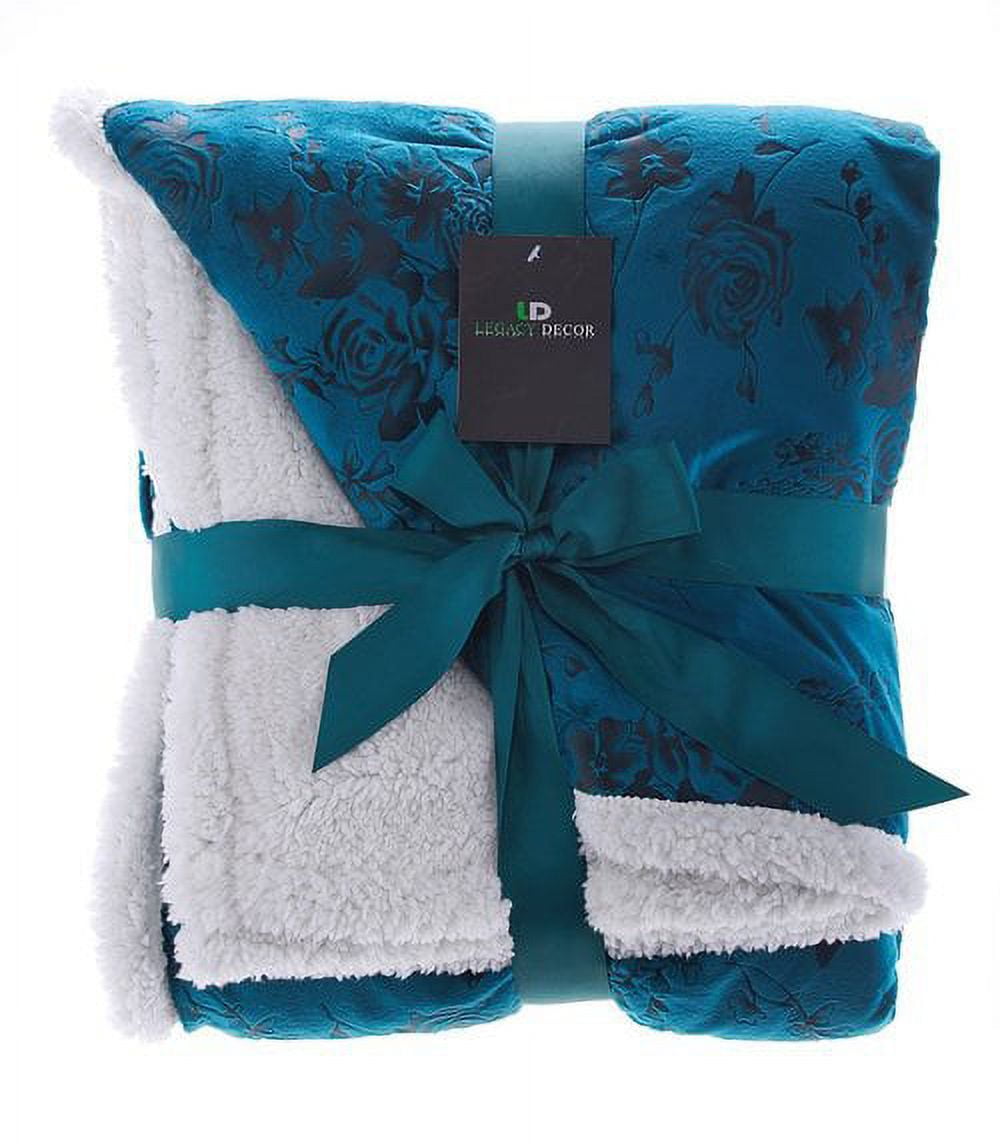 Legacy Decor Sherpa and Faux Fur Floral Embossed Throw Blanket Teal