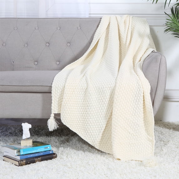 Legacy Decor Soft Knit Decorative Throw Blanket with Tassels, Ivory 50” x 70”