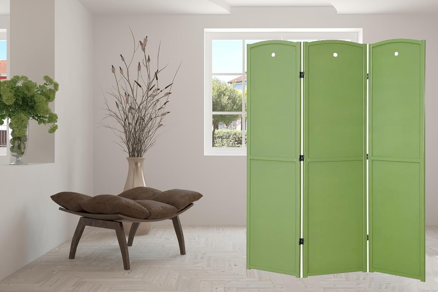 Green Solid Wood 3-Panel Folding Room Divider
