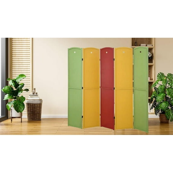 Legacy Decor Solid Wood Childrens 5 Panel Room Divider 71" Tall, Red Green and Honey Color, Freestanding